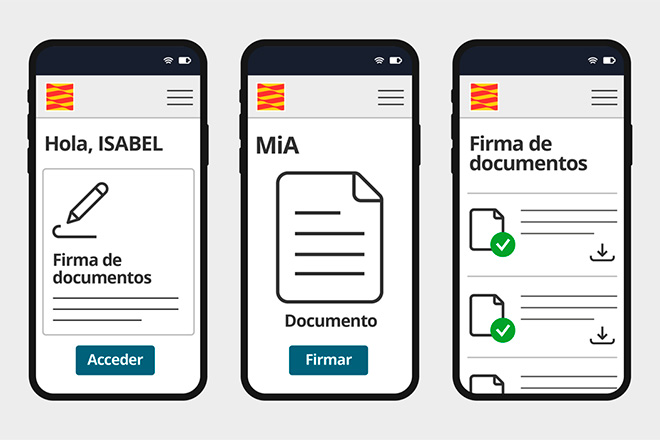 3 diseños de pantalla de móvil con información carpeta Mía