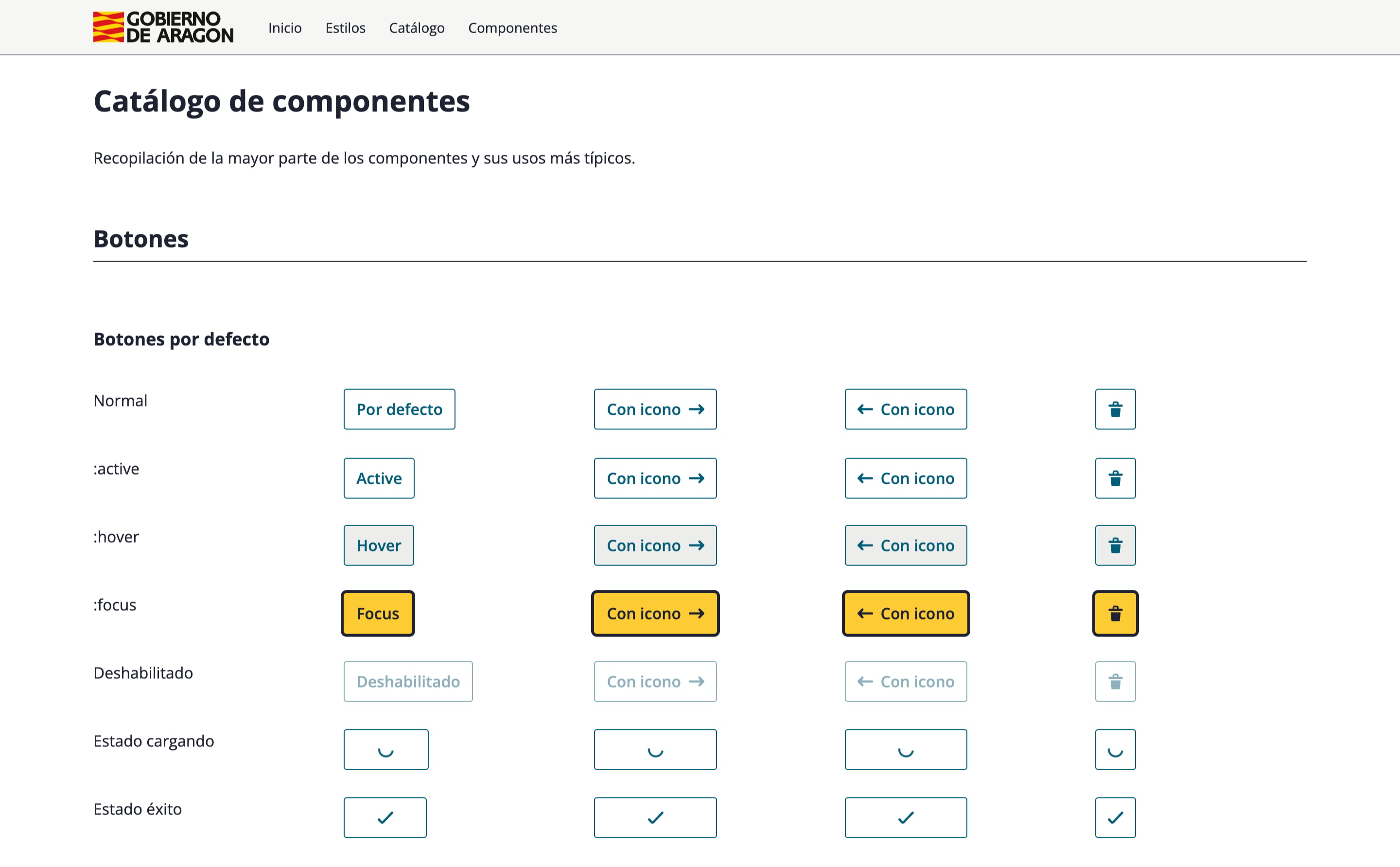 El catálogo de componentes de DESY muestra los diferentes componentes disponibles, por ejemplo, todos los botones y sus diferentes estados que es lo que muestra esta imagen.